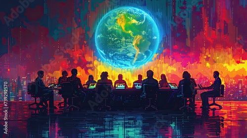 A pixel art of a roundtable with business people discussing about the future of climate change.  © MiguelAngel