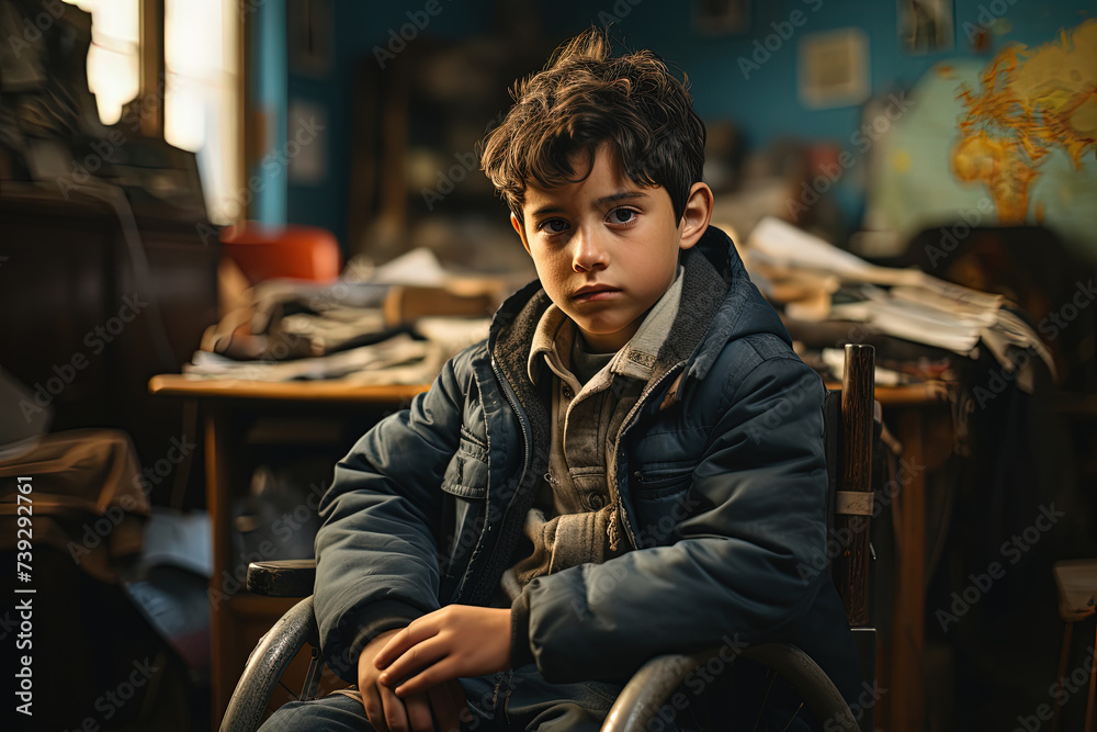 Young poor boy is seated in wheelchair in middle of cluttered and disorganized room. Room is filled with scattered toys, books, and clothes, creating a chaotic and untidy environment