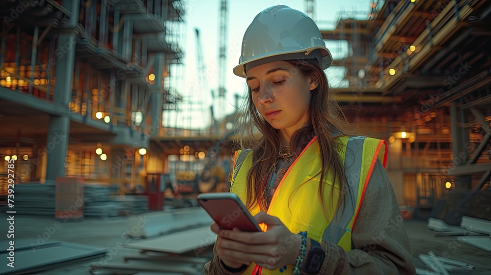 Construction woman architect, with a yellow vest and helmet, uses the telephone near a building under construction. Construction woman architect, with a yellow vest and helmet, uses the telephone near a building under construction.