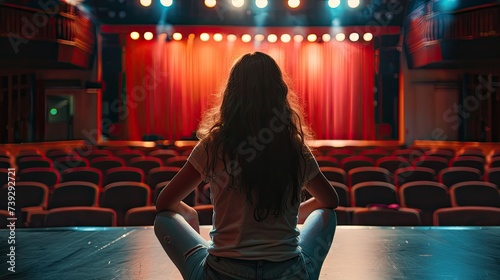 A woman sitting in front of a stage teather 