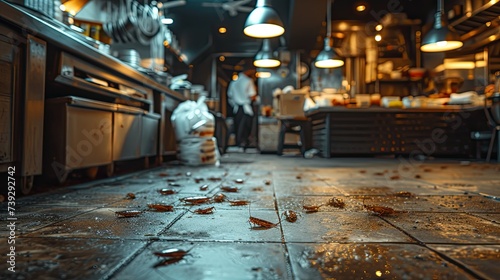 Cockroaches on the floor of a dirty and disgusting kitchen. photo