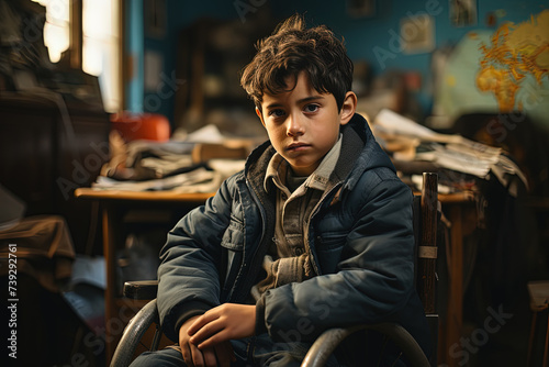 Young poor boy is seated in wheelchair in middle of cluttered and disorganized room. Room is filled with scattered toys, books, and clothes, creating a chaotic and untidy environment