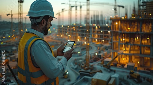 Construction architect, with a yellow vest and helmet, uses the telephone near a building under construction.