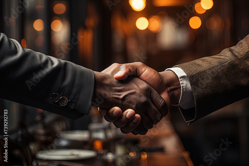 Close-up view of two individuals shaking hands in a gesture of agreement or greeting. Focus is on hands coming together in a firm grasp, symbolizing unity or partnership