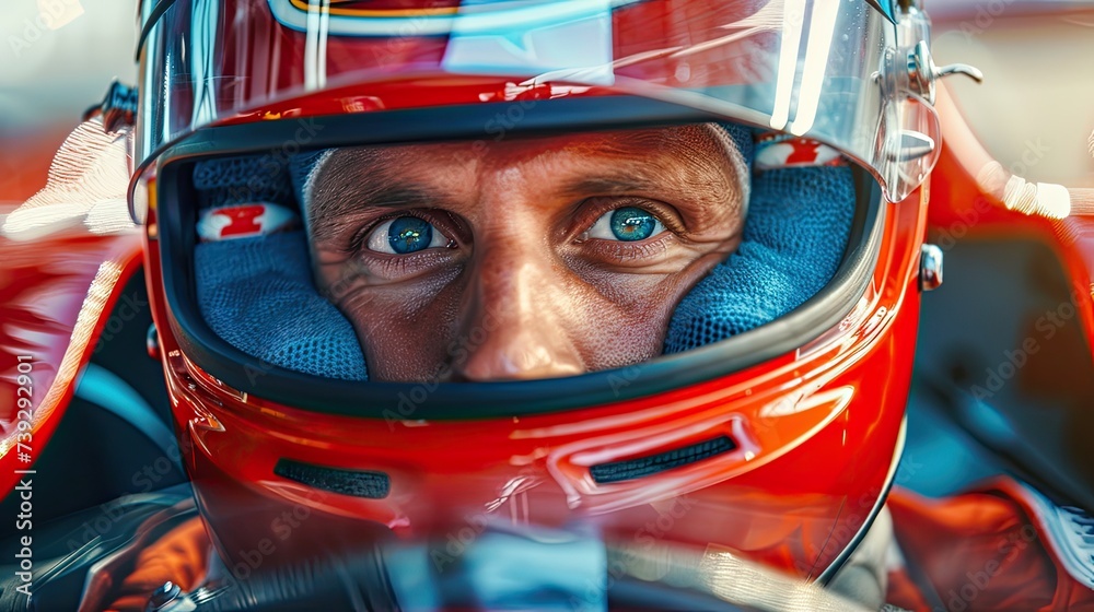 Race man driver wearing open face helmet sitting in a race car, looking at camera