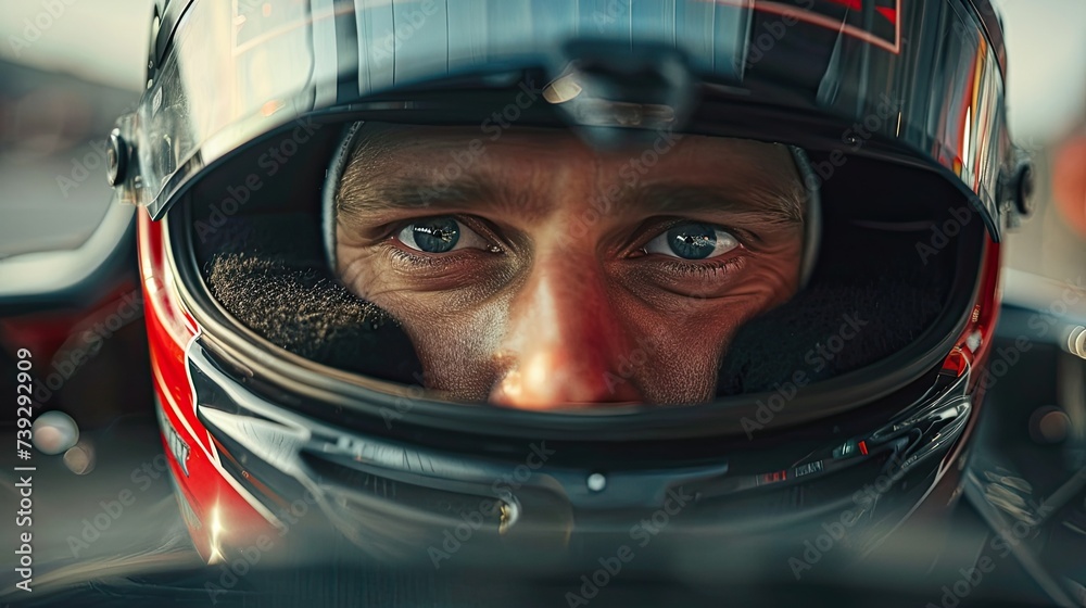 Race man driver wearing open face helmet sitting in a race car, looking at camera Race man driver wearing open face helmet sitting in a race car, looking at camera