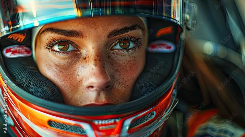 Race woman driver wearing open face helmet sitting in a race car, looking at camera Race woman driver wearing open face helmet sitting in a race car, looking at camera