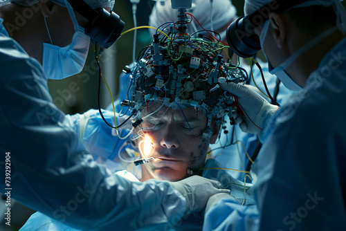 This is technological photograph of three neuroscientists engaged in electronic assembly and adjustment of equipment on brain of test patient. Implanting microchips into person's brain. photo