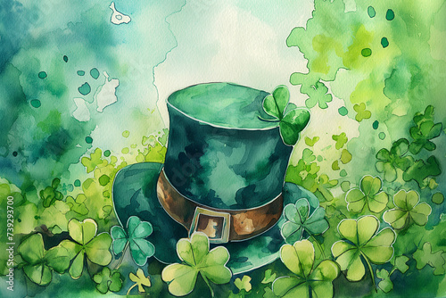 Saint Patric's day beautiful green background with clover leaves and Leprechaun hat. Very Irish watercolor illustration. Ireland culture and holiday.