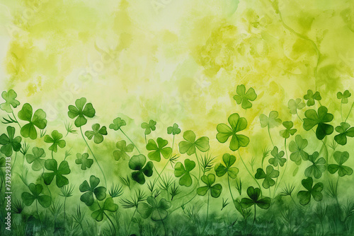 Saint Patric's day beautiful green background with clover leaves. Very Irish watercolor illustration. Ireland culture and holiday.
