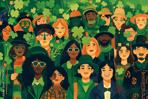 Saint Patric's day beautiful green illustration background with clover leaves and multi ethnic people dressed all green. Very Irish image. Ireland culture and holiday.