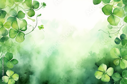 Saint Patric's day beautiful green background with clover leaves. Very Irish watercolor illustration. Ireland culture and holiday.