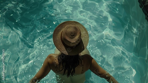 A woman wearing a hat sitting in a pool