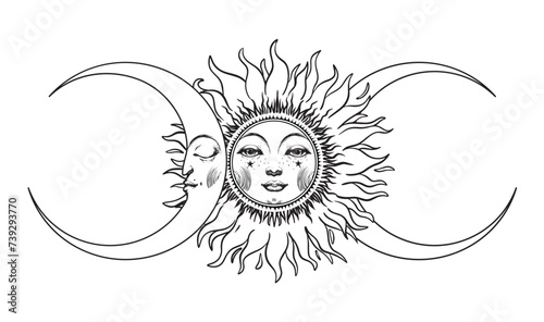 The sun with a face and the crescent moon with closed eyes. Mystical hand drawing poster, Celestial line astrology tattoo, vintage vector banner, eclipse logo.