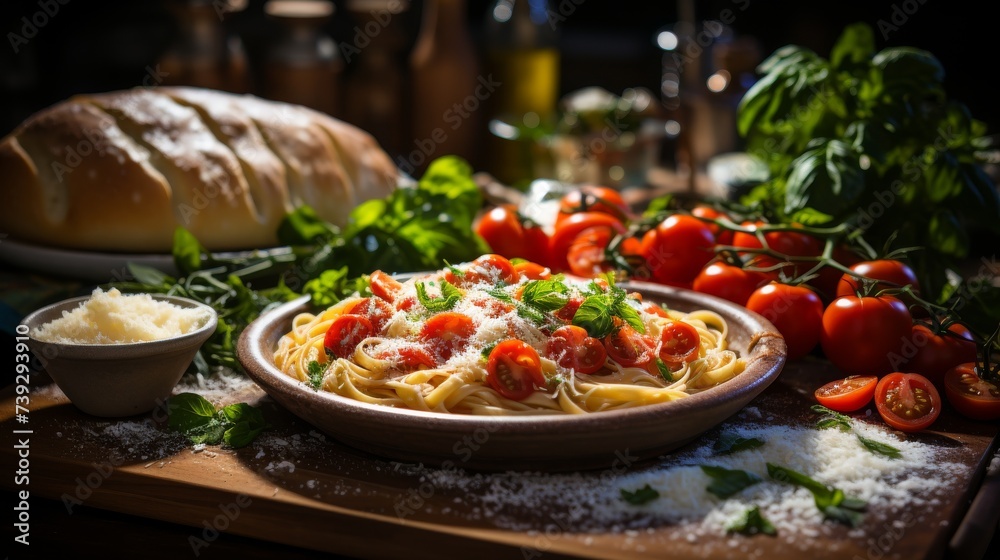 Freshly made pasta with homemade sauce on a kitchen table, rustic setting, showcasing the traditional and authentic preparation of Italian cuisine, Photorealist - obrazy, fototapety, plakaty 