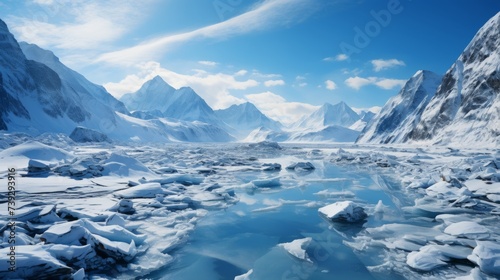 An icy mountain lake in the heart of winter, the surface frozen solid, snow-covered peaks in the background, the silence of the wilderness pervasive, Photograph