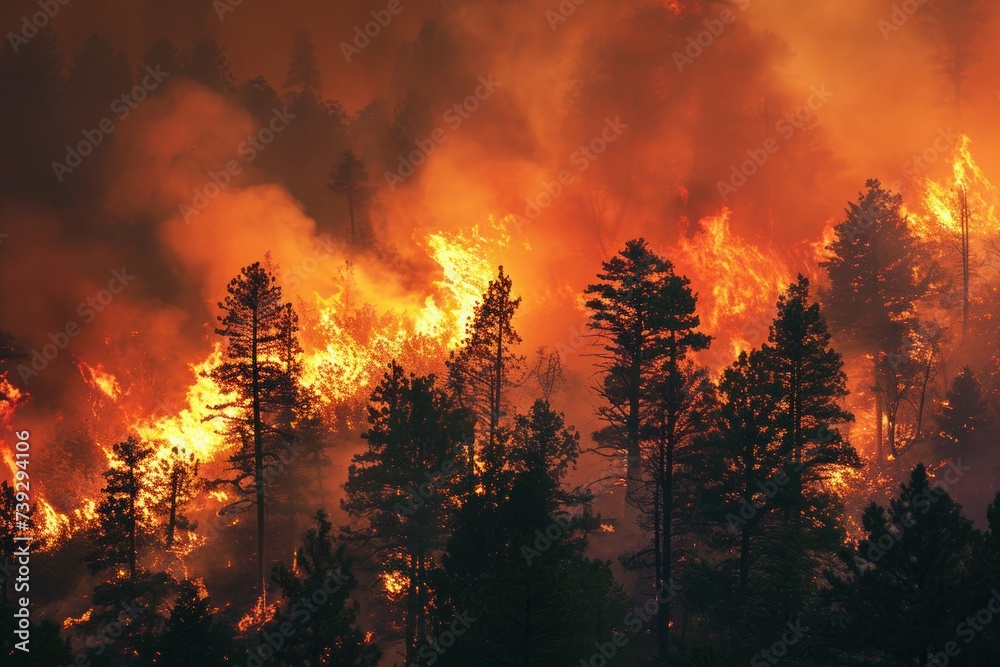 Ferocious wildfires engulf the forest in a raging inferno, with billowing smoke and towering flames, Photo --ar 3:2 --stylize 50 --v 6 Job ID: 6d3faab5-676c-47b0-a586-31752b7a5d42 - obrazy, fototapety, plakaty 