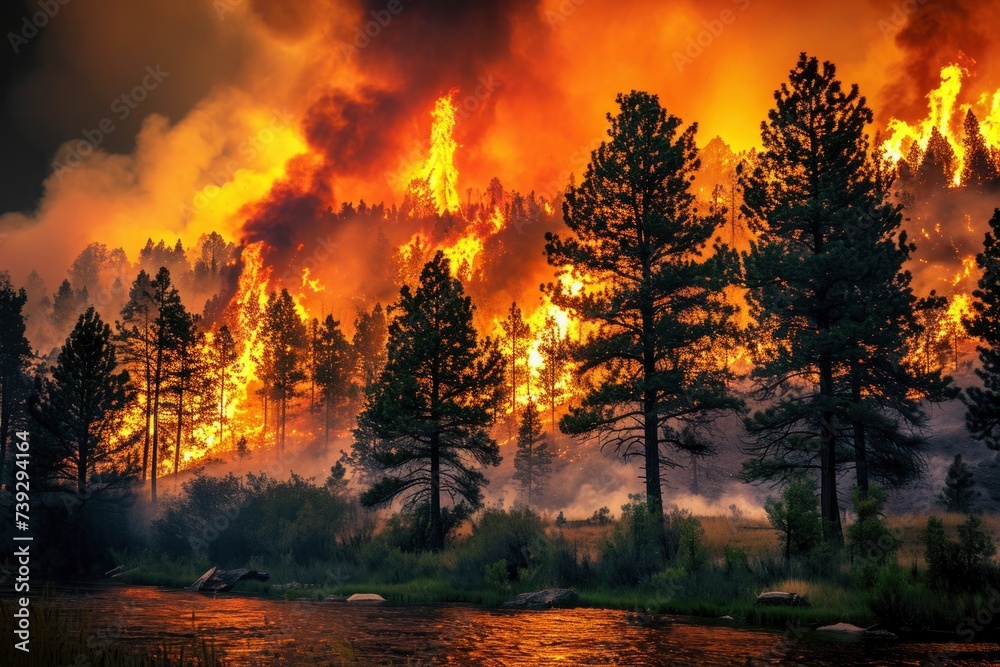 Ferocious wildfires engulf the forest in a raging inferno, with billowing smoke and towering flames, Photo --ar 3:2 --stylize 50 --v 6 Job ID: e76347cb-9d48-4b3b-b4f2-e6ad2a497529