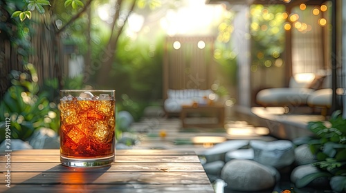 a glass ice lemon tea served on the wooden table, with background of tiny courtyard on the backyard of urban building. incorporating plants, rock and outdoor furniture.