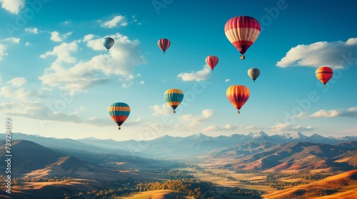 Colorful hot air balloons floating in a clear blue sky, distant mountains in the background, conveying the sense of freedom and adventure in balloon flights, Ph