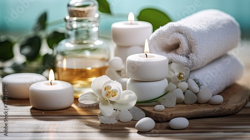 towels  flowers and burning candles  spa concept