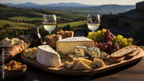 Assortment of artisanal cheeses and bread on a rustic wooden table, wine bottles and vineyard landscape in the distance, capturing the essence of culinary tours