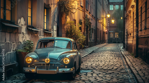 Urban Street Scene: Photograph a retro car parked on a cobblestone street in a historic city neighborhood, surrounded by old-fashioned street lamps and architecture. Generative AI