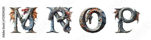 Letters M, N, O, P in dragon style. Unusual fantasy font on the transparent background.