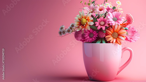 bouquet of pink spring flowers in a cup. 