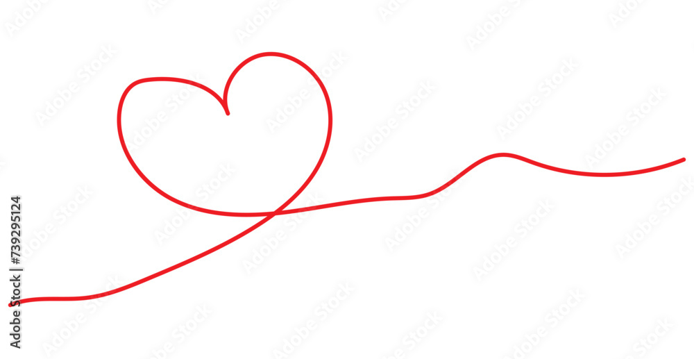 Red Single doodle heart continuous wavy line art drawing on white background.