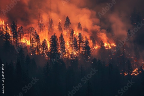Harrowing image of a forest consumed by wildfires, with flames spreading rapidly and smoke darkening the sky, Photo --ar 3:2 --stylize 50 --v 6 Job ID: d8555f8d-8912-46c3-a843-360a8cb56e41