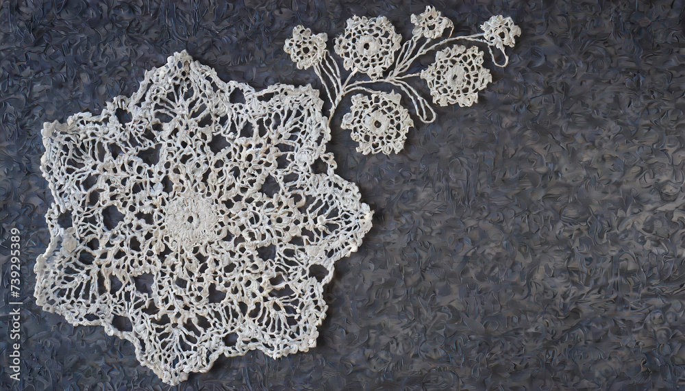 Beautiful white crochet openworks on dark marble table.  Lace Vintage background Copy space. - obrazy, fototapety, plakaty 