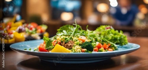 close-up on a plate with healthy food on blurred restaurant background, high quality photo