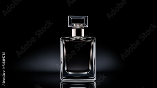 perfume bottle on reflective black background, glass bottle for logo or Label mockup