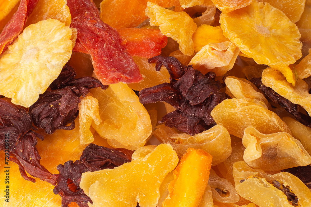 Mix of dried exotic fruit, mangos,slices of pineapples, passion fruit, papaya. Mix of dried exotic fruit, mangos,slices of pineapples, passion fruit, papaya.