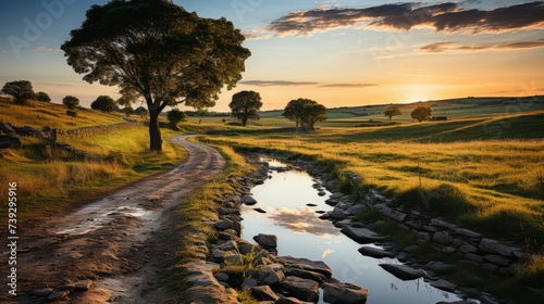 A winding country road enveloped in the soft evening light, the fields on either side bathed in a warm, golden hue, the path inviting a reflective and peaceful photo