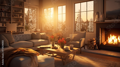 a living room bathed by sunlight. warm living room with fireplace © pjdesign