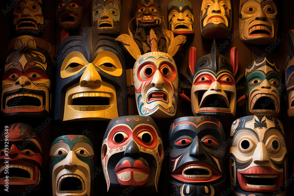 Typical wooden masks in Kathmandu in Nepal. The masks are traditionally worn at the Mani Rimdu festival to drive out demons and reward believers Typical wooden masks in Kathmandu in Nepal. The masks are traditionally worn at the Mani Rimdu festival to drive out demons and reward believers