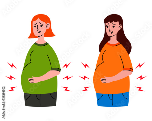 Two worried Pregnant woman stomach ache. Mother in bad condition. Sickness, Pregnancy symptoms, motherhood, Health problem concept. Premature birth, contractions.