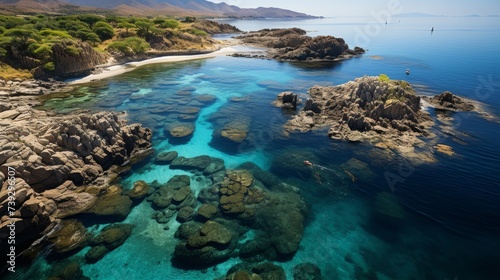 Aerial view of a coral reef near a secluded island, vibrant marine life visible in clear waters, showcasing the natural beauty and allure of remote destinations