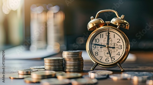 alarm clock and coins stack pile symbolizing time and money 