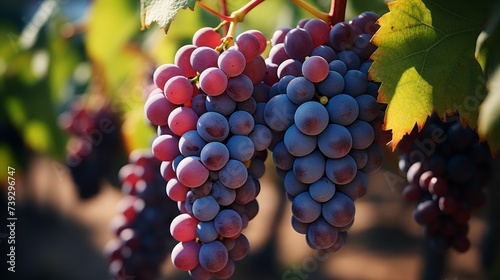 Close-up of grape clusters on the vine  ripe and ready for harvest  focus on the textures and colors of the grapes  symbolizing the essence of winemaking  Photo