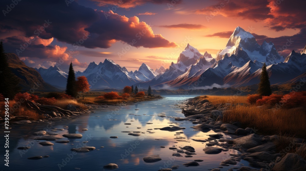 Breathtaking view of a mountain range at sunset, sky ablaze with vivid oranges and pinks, casting long shadows over the peaks, Photography, wide-angle lens to c - obrazy, fototapety, plakaty 