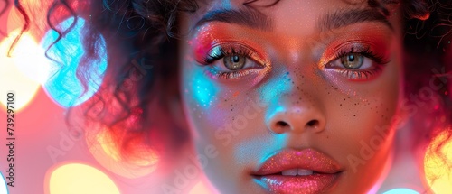 Stunning high fashion model woman in colorful neon lights posing in a studio, club. Art design colorful make up on colorful vivid background.