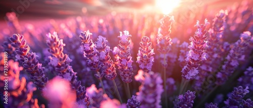 Field of lavender flowers, blooming violet fragrant lavender flowers, swaying on wind over sunset sky, harvest, perfume ingredient, aromatherapy. Lavender field, fragrance ingredient. photo