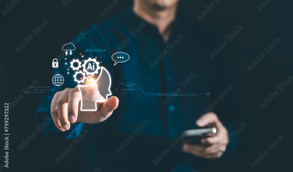 Obraz premium Man using AI tools with smartphone. Concept of Artificial Intelligence technology smart robot and innovation futuristic, Cybersecurity global connection access to information and data online network