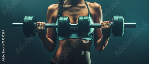 An image of a young fit woman lifting dumbbells on a dark background photo