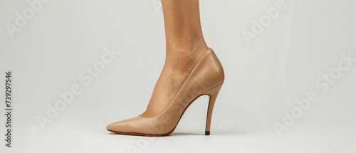 An image of a well-groomed female with a foot and a heel against a white background photo