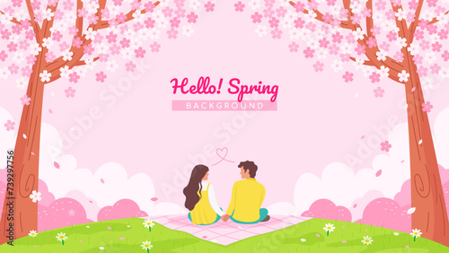 Hello! Spring background vector illustration. Loving couple having picnic under Cherry blossoms trees