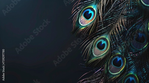 Banner with Iridescent Peacock Feathers, Midnight Black Background, and Pearl White Space for Your Text